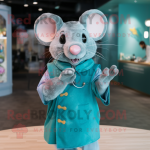 Cyan Rat mascot costume character dressed with a Blouse and Rings