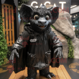 Black Gargoyle mascot costume character dressed with a Raincoat and Backpacks