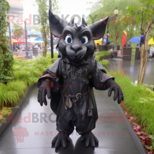 Black Gargoyle mascot costume character dressed with a Raincoat and Backpacks
