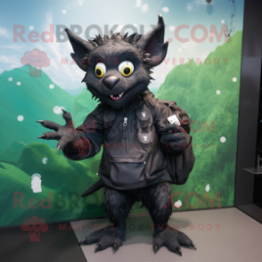 Black Gargoyle mascot costume character dressed with a Raincoat and Backpacks