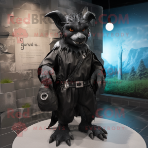 Black Gargoyle mascot costume character dressed with a Raincoat and Backpacks