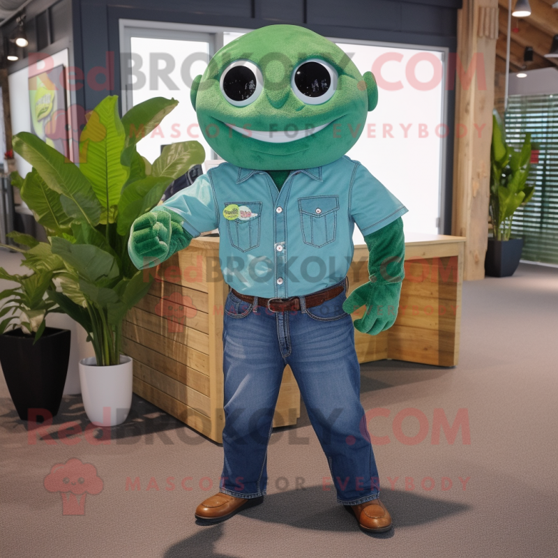 Green Stingray mascot costume character dressed with a Denim Shirt and Tie pins Green Stingray mascot costume character dressed with a Denim Shirt and Tie pins