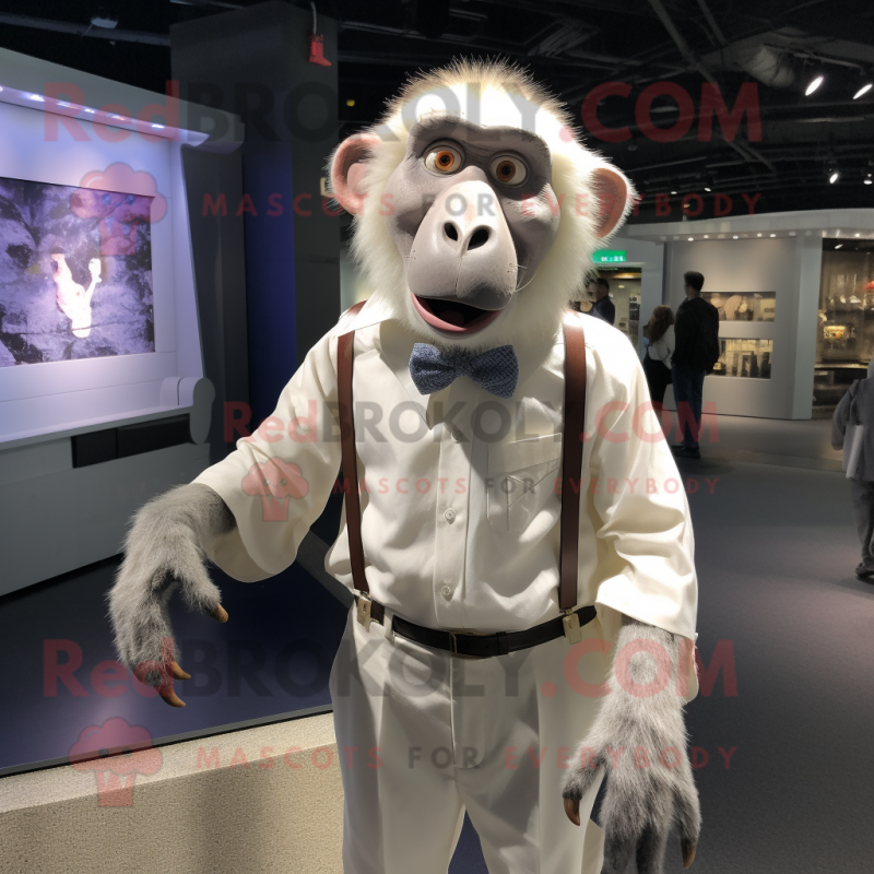 White Baboon mascot costume character dressed with a Button-Up Shirt and Bow ties