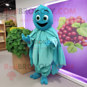 Turquoise Grape mascot costume character dressed with a Poplin Shirt and Shawls