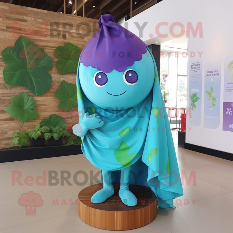 Turquoise Grape mascot costume character dressed with a Poplin Shirt and Shawls