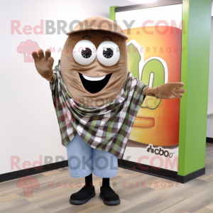 Olive Steak mascot costume character dressed with a Flannel Shirt and Shawls