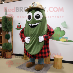 Olive Steak mascot costume character dressed with a Flannel Shirt and Shawls