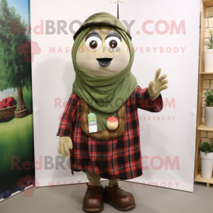 Olive Steak mascot costume character dressed with a Flannel Shirt and Shawls
