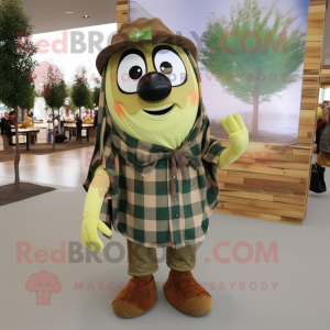 Olive Steak mascot costume character dressed with a Flannel Shirt and Shawls