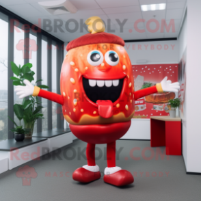 Red Hamburger mascot costume character dressed with a Bodysuit and Hairpins