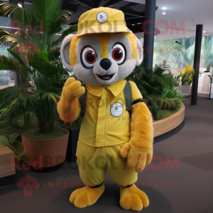 Yellow Lemur mascot costume character dressed with a Jumpsuit and Caps