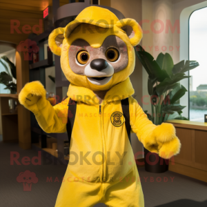 Yellow Lemur mascot costume character dressed with a Jumpsuit and Caps