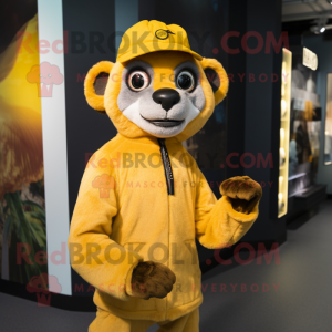 Yellow Lemur mascot costume character dressed with a Jumpsuit and Caps