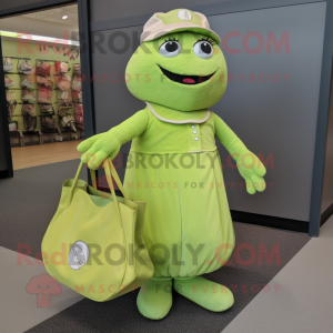 Lime Green Baseball Glove mascot costume character dressed with a A-Line Dress and Tote bags