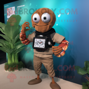 Brown Hermit Crab mascot costume character dressed with a Chinos and Digital watches