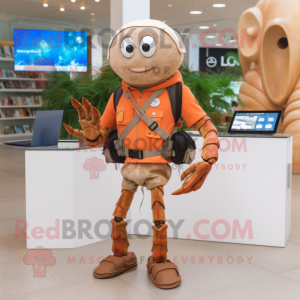 Brown Hermit Crab mascot costume character dressed with a Chinos and Digital watches