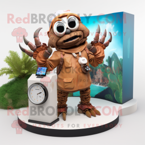 Brown Hermit Crab mascot costume character dressed with a Chinos and Digital watches