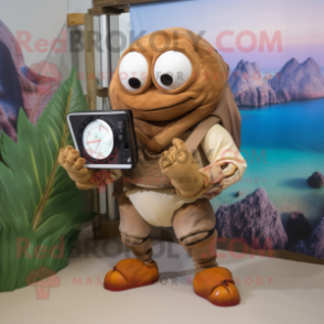 Brown Hermit Crab mascot costume character dressed with a Chinos and Digital watches