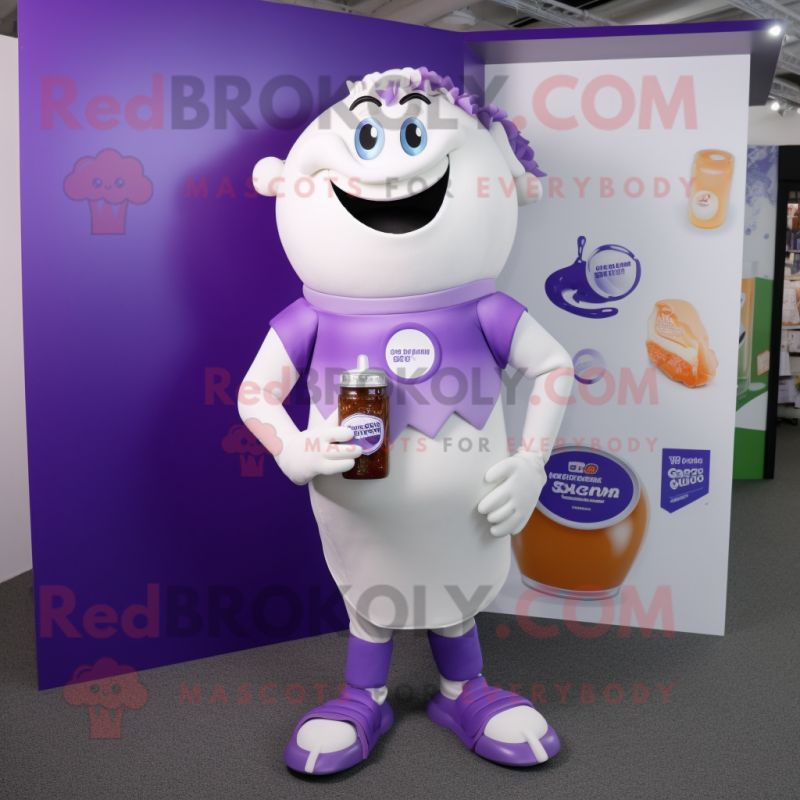 Purple Bottle Of Milk mascot costume character dressed with a Board Shorts and Lapel pins