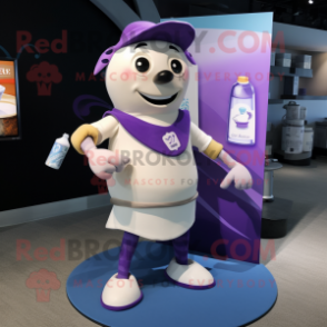 Purple Bottle Of Milk mascot costume character dressed with a Board Shorts and Lapel pins