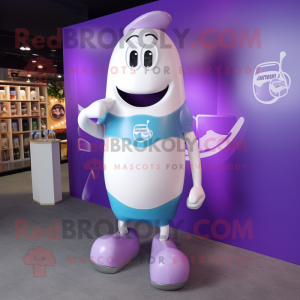 Purple Bottle Of Milk mascot costume character dressed with a Board Shorts and Lapel pins