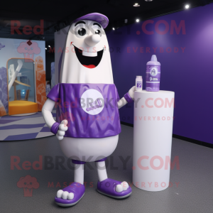 Purple Bottle Of Milk mascot costume character dressed with a Board Shorts and Lapel pins