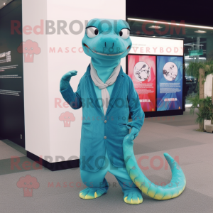 Cyan Snake mascot costume character dressed with a Long Sleeve Tee and Pocket squares