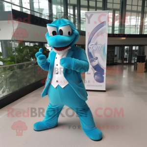 Cyan Snake mascot costume character dressed with a Long Sleeve Tee and Pocket squares