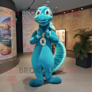 Cyan Snake mascot costume character dressed with a Long Sleeve Tee and Pocket squares