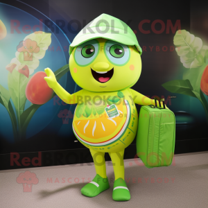 Lime Green Grapefruit mascot costume character dressed with a One-Piece Swimsuit and Wallets