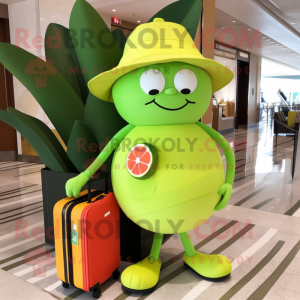 Lime Green Grapefruit mascot costume character dressed with a One-Piece Swimsuit and Wallets