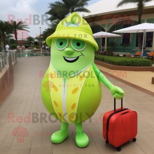 Lime Green Grapefruit mascot costume character dressed with a One-Piece Swimsuit and Wallets