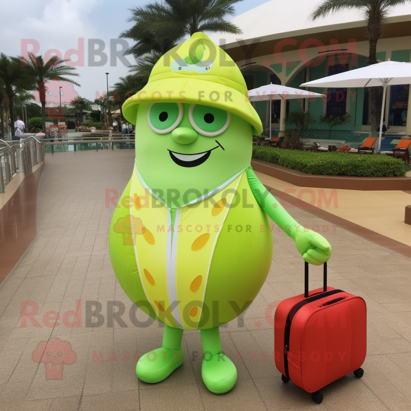 Lime Green Grapefruit mascot costume character dressed with a One-Piece Swimsuit and Wallets