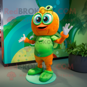 Green Orange mascot costume character dressed with a Swimwear and Gloves