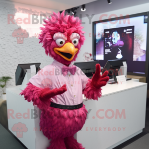 Magenta Fried Chicken mascot costume character dressed with a Poplin Shirt and Bracelets