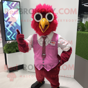 Magenta Fried Chicken mascot costume character dressed with a Poplin Shirt and Bracelets