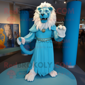 Cyan Lion mascot costume character dressed with a Empire Waist Dress and Belts