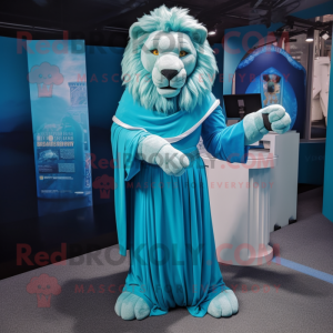 Cyan Lion mascot costume character dressed with a Empire Waist Dress and Belts
