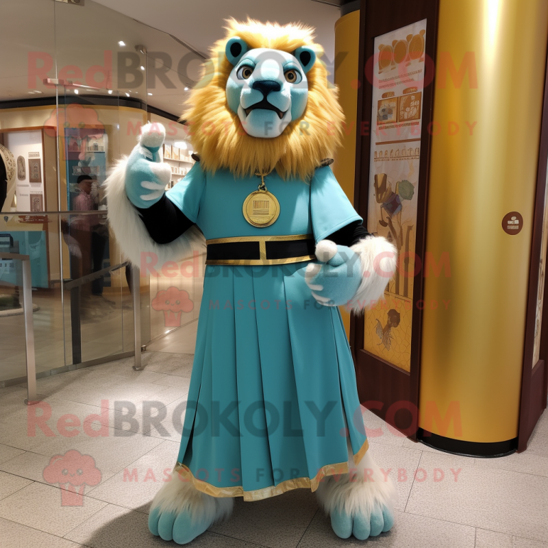 Cyan Lion mascot costume character dressed with a Empire Waist Dress and Belts