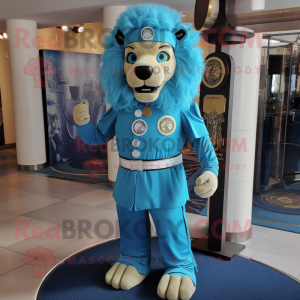 Cyan Lion mascot costume character dressed with a Empire Waist Dress and Belts