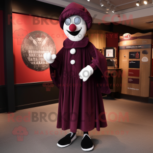 Maroon Mime mascot costume character dressed with a Coat and Shawl pins