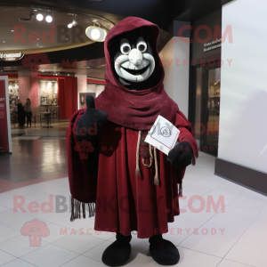 Maroon Mime mascot costume character dressed with a Coat and Shawl pins