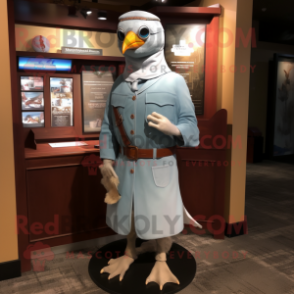 White Passenger Pigeon mascot costume character dressed with a Jeans and Shawl pins