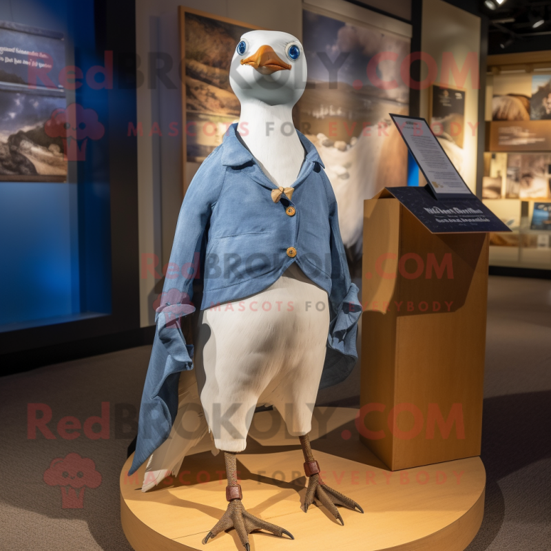 White Passenger Pigeon mascot costume character dressed with a Jeans and Shawl pins