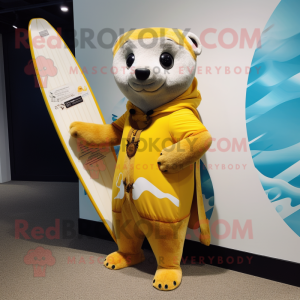 Yellow Ermine mascot costume character dressed with a Board Shorts and Shawl pins