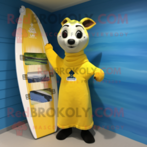 Yellow Ermine mascot costume character dressed with a Board Shorts and Shawl pins