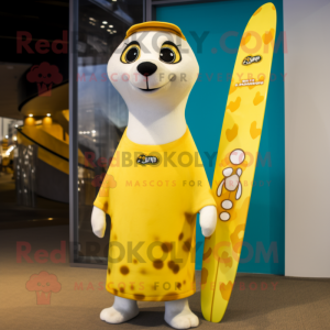 Yellow Ermine mascot costume character dressed with a Board Shorts and Shawl pins
