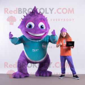 Purple Mermaid mascot costume character dressed with a Corduroy Pants and Smartwatches