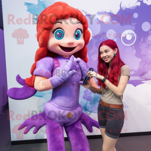 Purple Mermaid mascot costume character dressed with a Corduroy Pants and Smartwatches