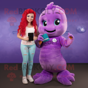 Purple Mermaid mascot costume character dressed with a Corduroy Pants and Smartwatches